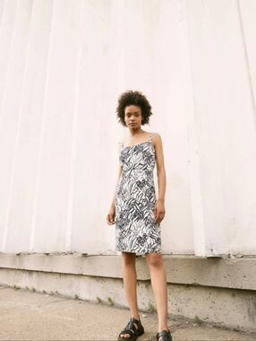 Eve Gravel Black and White Floral Slip Midi Dress with Thin Straps